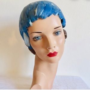 VTG 1950s Blue Feather Cloche Cocktail Hat